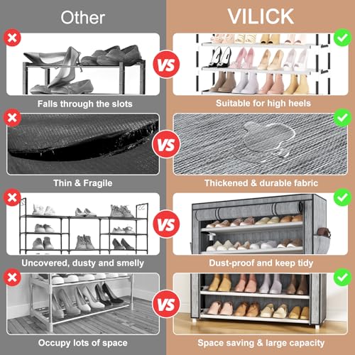 VILICK Shoe Rack with Cover Narrow Shoe Organizer with Pockets 10 Tier Tall Shoe Storage Holds 36-41 Pairs Shoes and Boots Shoe Rack for Closet Entryway Garage, Printing - color: Printing, size: 10 Tiers-34.6" Wide