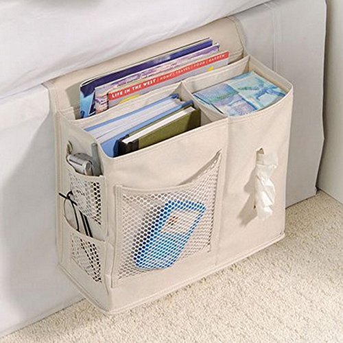 WSLCN Oxford Bed Pockets Portable Remote Control Bedside Storage Caddy Hanging Organizer Bag with 6 Pockets Bed Sofa Organizer for Magazine Tissue Phone Beige - color: Beige