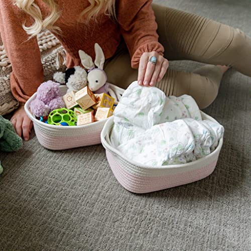 NaturalCozy 5-Piece Rectangle Storage Basket Set- Natural Cotton Rope Woven Baskets for Organizing! Small Basket for Montessori, Baby Nursery, Dog Toy Baskets, Cat Toy Box, Bathroom Organization Bin - color: Off White & Mixed Pink