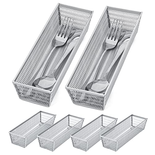 Neudeco Silverware Organizer,Mesh Drawer Organizer for Kitchen，Metal Utensil Organizer for Flatware, Knives, Spoons,Cosmetic (Silver 9 * 3 * 2 inch Pack6) - color: Silver-6 pack