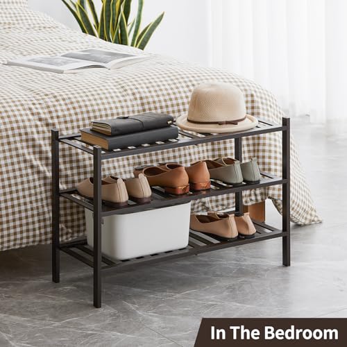 Shoe Rack, 3-Tier Bamboo Stackable Shoe Shelf Storage Organizer, Shoe Stand for Closet, Entryway and Hallway - color: Brown, size: 3-Tier-Standard