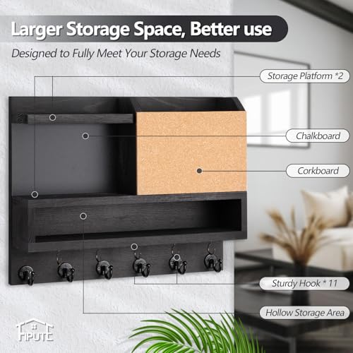 Key Holder for Wall Mount with Mail Organizer, Farmhouse Key Holder for Wall with Shelf, Chalkboard&Corkboard, Entryway Organizer 11 Metal Hooks, Decorative Natural Pine Wood, 14.6*11.1*3.3”, B-Black - color: Black-b