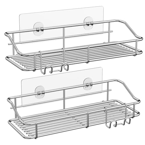 Nieifi Shower Caddy Shelf Storage Rack Adhesive Without Drilling Stainless Steel with Hooks for Washroom, Lavatory, Restroom, Toilet, Bathroom, Kitchen - 2 Pack - color: A-Silver, size: 2 Pack