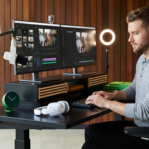 Dual Monitor Stand with Sliding Bamboo Doors - Heavy Duty Wood Computer Monitor Riser for 2 Screens, Ergonomic Desk Organizer with Storage & Keyboard Tray, Natural & Black (38 Inch) - color: Black + Natural Bamboo, size: 38 Inch