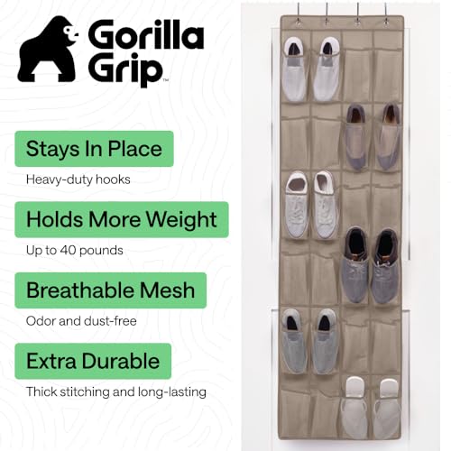 GORILLA GRIP Over the Door Shoe Organizer, 24 Large Breathable Mesh Pockets, Space Saving Hanging Storage Holder, Closet Rack Hanger Holds Up to 40 lbs, Hangs on Closets for Shoes, Accessories, Beige - color: Beige, size: 24 Pockets/4 Hooks