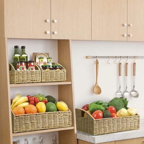 Ollieroo Rattan Storage Baskets, Handwoven Wicker Storage Bins with Built-in Handles, Storage Container Baskets for Shelves, Bedroom, Bathroom, Laundry Room or Kitchen(Green) - color: Green