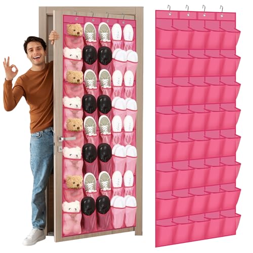Windyun 40 Over the Door Shoe Organizer Large Mesh Pocket Hanging Shoe Rack for Closet Rose Red Nonslip Behind Door Storage Holder Back to School Organizer for Dorm Room College Classroom Storage - color: Rose Red