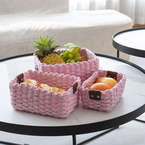 Small baskets for Organizing,Cute woven Storage basket with recycled paper rope for Shelves Bathroom,Little decorative basket,Set of 3 (Pink) - color: Pink