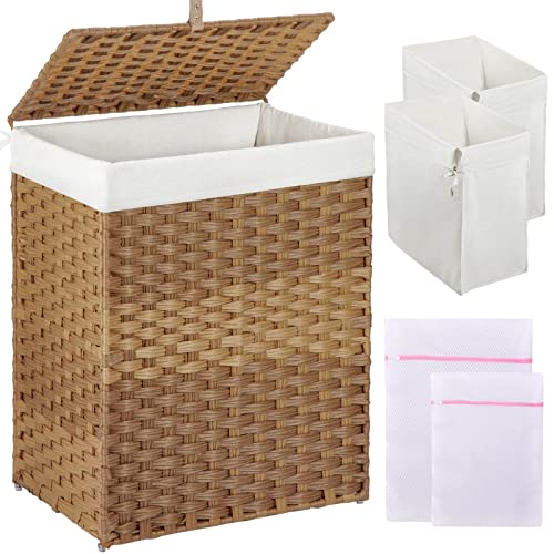 GREENSTELL Laundry Hamper with Lid, 90L Clothes Hamper with 2 Removable Liner Bags & 2 Mesh Laundry Bags, Handwoven Synthetic Rattan Laundry Basket for Clothes, Toys in Bathroom, Bedroom Natural - color: Natural, size: 90L (18.1 x 13.0 x 23.6 inches)