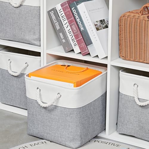 MidmmVick 12 x 12 Inch Cube Storage Bins, 6 Pack Large Collapsible Fabric Storage Bin with Ropes, Foldable Storage Cubes for Home, Office,Closet, Clothes, Toys Organizer (White & Grey) - color: White&Grey-12"x12"x12"