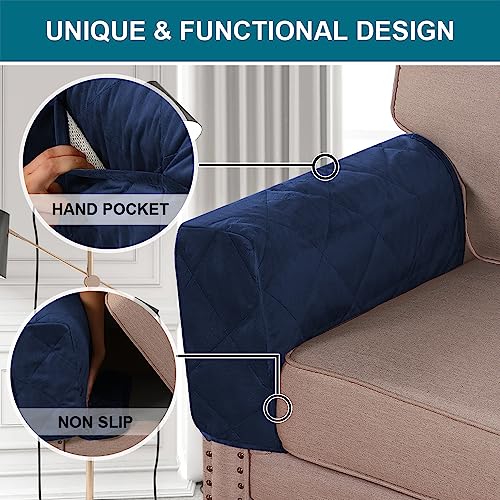 Non-Slip Sofa Armrest Protector,Thick Velvet Armrest Covers for Chairs and Sofas Couch with Side Pocket,Armrest Storage Organizer,Washable Arm Covers for Dogs，Set of 2 (Navy) - color: Navy
