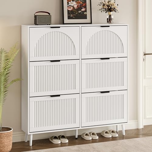 BORNOON Shoe Cabinet for Entryway with 6 Flip Drawers, Slim Wooden Shoe Storage Organizer with Modern Fluted Pannel，Freestanding Narrow Hidden Shoe Rack for Hallway, Foyer, Living Room - color: White, size: 6 Flip Drawers