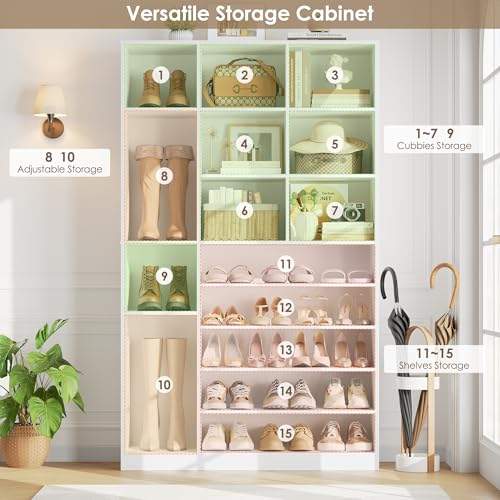 Keyluv 74" Tall Shoe Cabinet with Adjustable Shelves, 6-Tier Shoe Storage Organizer with 12 Cubes for up to 27 Pairs, Free-Standing Shoe Rack for Closet, Hallway, Entryway & Living Room, White - color: White