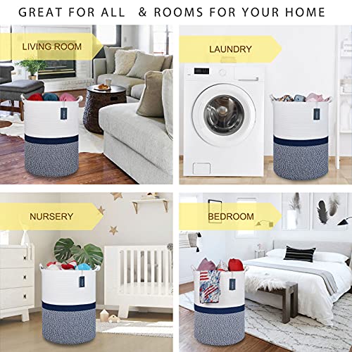 COMSE Extra Large Blanket Basket, Tall Woven Storage Basket, Nursery Hamper, 15.7”x 21.7”, Cotton Rope Laundry Hamper for Toys Clothes Towels, Blend White/Navy Blue - color: Blend White & Navy Blue