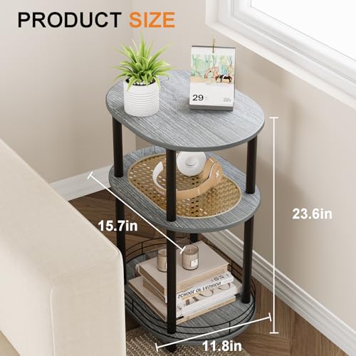 3 Tier Round Side Table with Storage, Oval End Table with Rattan Shelf & Metal Basket - Boho Nightstand, Accent Table, Tool Free Assembly & Screw-Hole Free Tabletop for Living Room Bedroom-Grey - color: Grey-rattan, size: 1PC