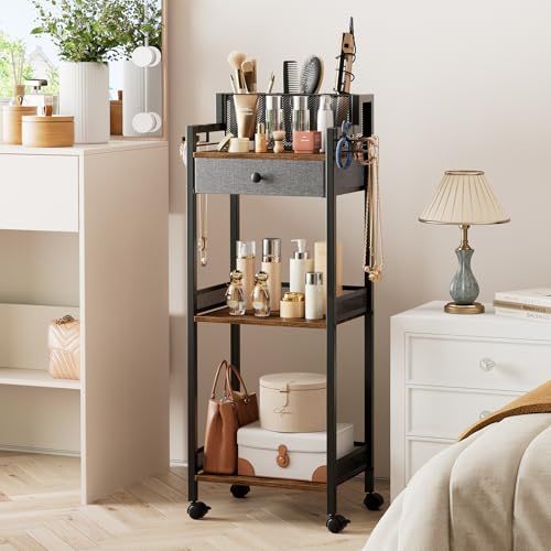 Bathroom Shelves with Drawer, 3 Tier Metal Rolling Standing Unit Storage Organizers with Toilet Paper Holder, Multifunctional Floor Corner Rack for Cosmetic, Dryer Curling Irons 12.8in Wide - color: 12.8“ Black With Drawer