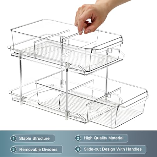 2 Tier Clear Organizer with Dividers for Cabinet, Shlef, Counter - MultiUse Slide-Out Storage Container - Kitchen, Pantry, Medicine Cupboard Bins, Bathroom, Vanity Makeup, Under Sink Organizing - size: 8" W - 1 Set