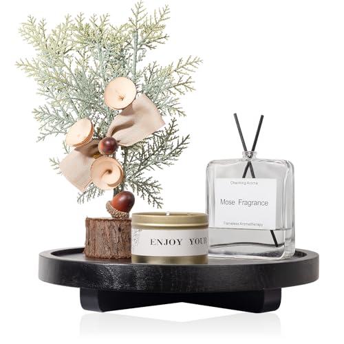 Round Decorative Tray Wood Bathroom Counter Organizer Farmhouse Kitchen Decor Wooden Riser for Soap Dish, Perfume, Candle, Sponge, 9" - Black - color: Black, size: 9"