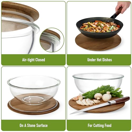 Set of 5 Nesting Glass Bowls with New Updated Acacia Lids for Foodprep, Storage, Mixing & Cooking - Microwave & Oven-ready BPA Free Durable Heat Resistant Inert Borosilicate Glass - color: 5 Mixing Bowls with Acacia Lids