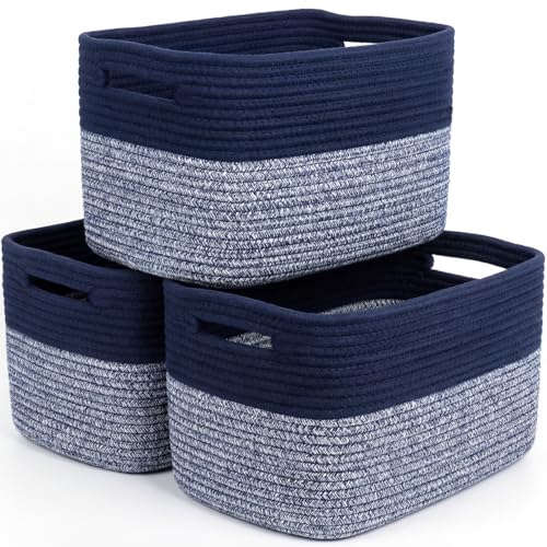 Storage Baskets for Organizing, 14 x 10 x 9” Closet Shelf Woven Baskets, Square Bins with Handles, Cotton Rope Basket for Toys, Clothes, Office, Room, Grey+Blue 3 Pack - color: Grey+Blue, size: 3pcs