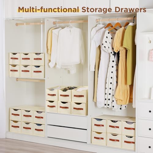 4 Pack Stackable Storage Drawers, Fabric Closet Organizers and Storage with Handles and Clear Window, Pull-Out Clothes Storage Bins with Drawer for Closet, Bedroom, Living Room, Under Bed, Beige - color: Beige, size: 4 Pack