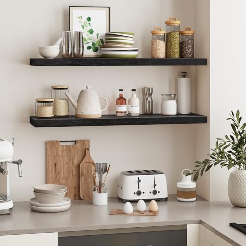Fixwal Floating Shelves for Wall, 35" Long Heavy Duty Wall Mounted Rustic Wood Shelves for Living Room, Bedroom, Bathroom and Kitchen, Wall Shelves for Storage, Books, Room Decor (Black, Set of 2) - color: Black, size: 35in