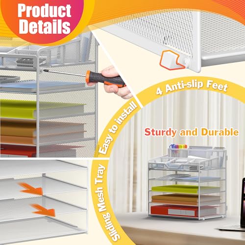 Docnest 5 Tier Mesh Desk Organizer for Paper Office Supplies – Multi-Functional Letter Tray with 5 Adjustable Compartments, 3 Pen Holders, Desktop Storage for Files, Mail, Stationery – White - color: White, size: 12.7" x 9.1" x 13.2"