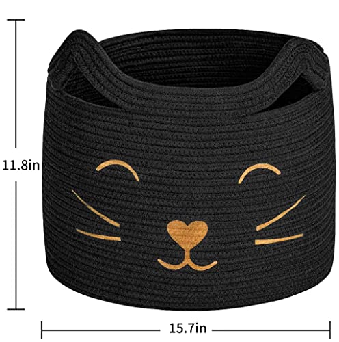 Large Woven Cotton Rope Storage Basket, Baby Laundry Basket Organizer for Toys, Blanket, Clothes, Towels, Gifts | Pet Gift Baskets for Cat, Dog - 15.7" L×11.8" H, Black - color: Black, size: 15.7"W x 11.8"H