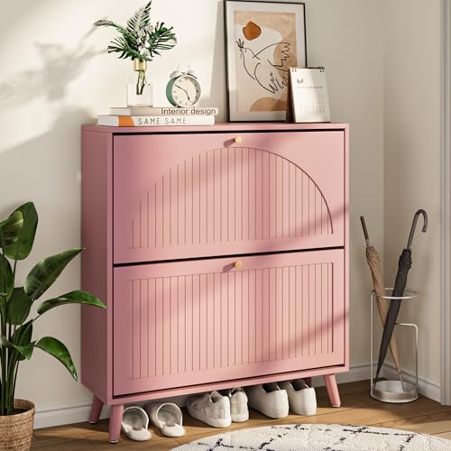 Fsbecl Shoe Storage Cabinet for Entryway with 2 Flip Drawers, Narrow Wood Shoe Cabinet with Fluted Panel, Freestanding Hidden Shoe Organizer for Foyer, Hallway (Pink - with Shelf) - color: Pink - With Shelf