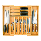 Wencrfat Silverware Drawer Organizer with Removable Knife Block and Dividers, Expandable Bamboo Kitchen Drawer Organizer, Flatware Utensil Cutlery Organizer for Drawer 8 Compartments