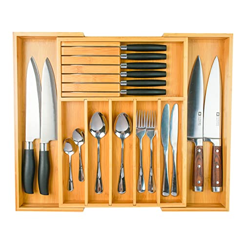 Wencrfat Silverware Drawer Organizer with Removable Knife Block and Dividers, Expandable Bamboo Kitchen Drawer Organizer, Flatware Utensil Cutlery Organizer for Drawer 8 Compartments