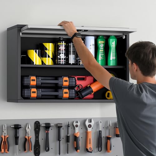 VEVOR Metal Wall Cabinet, 30.31 x 12.01 x 19.69 Inch, Floating Garage Tool Cabinet with Up-Flip Door and Shelf, 240 lbs Load Capacity, Fit for Garage, Basement, Kitchen, Warehouse Assembly Required - style: Upgrade Flip up 20"