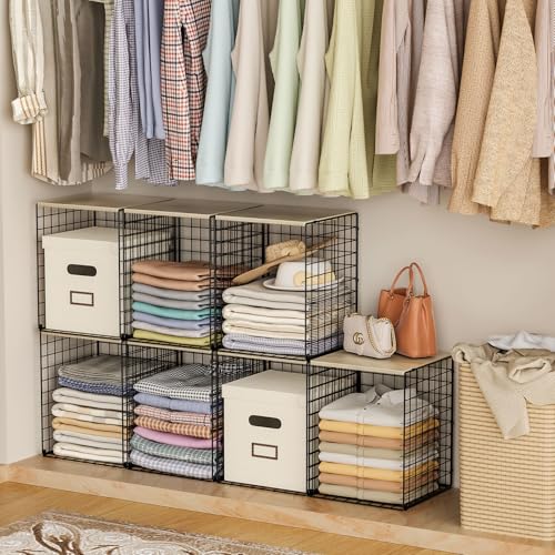 Taller Closet Organizers and Storage with Wood Top, Set of 3 Stackable Wire Storage Bins for Clothes, Bags, Towels, Double Storage Design, Sturdy Metal Cube Shelf Organizer for Closet Wardrobe, Black - color: BLACK, size: 12.2"L x 12"W x 15.74"H