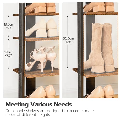 HOOBRO Vertical Shoe Rack for Front Door Entryway, 7 Tier Wooden Shoe Storage Organizer with Hooks, Narrow Shoe Tower for 7 Pairs, Space Saving, for Corner, Closet, Bedroom, Rustic Brown BF61XJ01 - color: Rustic Brown
