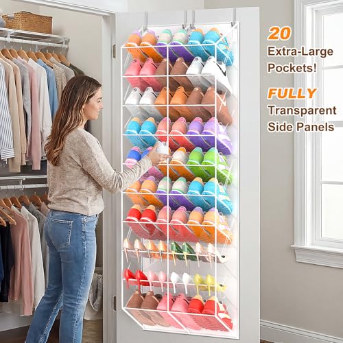 20-30 Pairs Over the Door Shoe Organizer, Transparent PVC Hanging Shoe Rack for Closet, 10-Tier Door Shoes Storage, Crystal-Clear Visibility Fit All the Family's Sneakers, Boots, Heels, White Frame - color: White & Clear