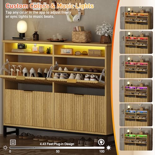 Fluted Shoe Storage Cabinet with 4 Flip Drawers, 47.24" Narrow Shoe Organizer Cabinet with LED Light, Slim Freestanding Shoe Rack Cabinet, Wooden Hidden Shoe Cabinet for Entryway, Hallway(Natural Oak)