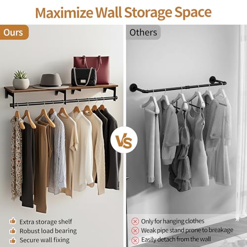 Luxspire Wall Mounted Clothes Rack, 43.3inch Clothing Racks with Top Shelf for Hanging Clothes, Heavy Duty Industrial Pipe Garment Rack, Laundry Room Shelves Closet Storage, Large - color: Black + Brown, size: 43.3inch