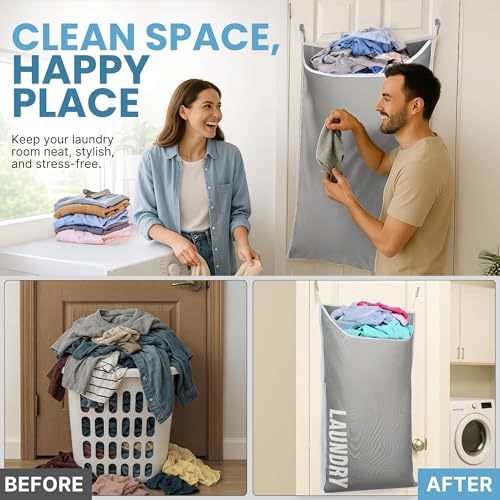 Hanging Laundry Hamper Bag XL 40x22", Space Saving over the Door Storage Bags, Behind the Door Hampers for Dirty Clothes & Wall Mounted Basket for Bathroom, Organizer for Small Room Spaces RV - color: Gray, size: 1-Pack