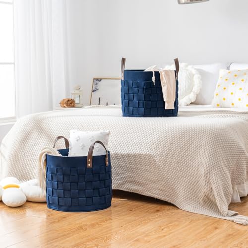 BOLDMONKEY Blankets Basket 15" x15 " x13 " 2 Pack, Felt Storage Baskets for Organizing Round, Living Room Dog Toy Bin for Dirty Clothes, Pillows, Towel-Navy Blue - color: Navy Blue