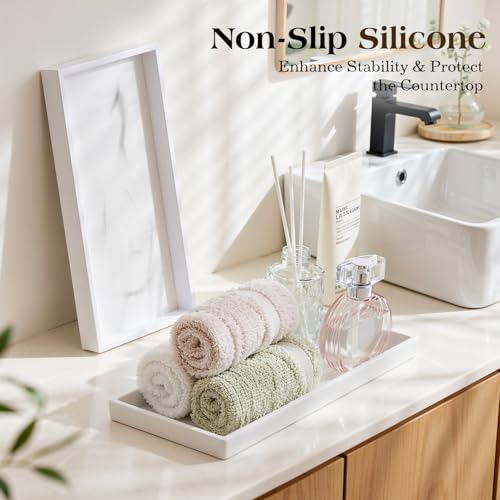 Luxspire Bathroom Vanity Tray, 11.8 x 5.1 Silicone Kitchen Counter Tray for Soap Dispenser, Bathroom Countertop Organizer for Perfume Soap Towel Bathroom Accessories, 2 Packs, Marble White - color: Marble White, size: 11.81 × 5.12 × 0.79 in