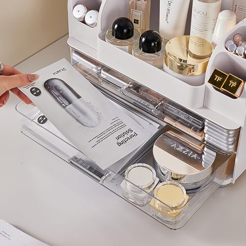 Makeup Organizer with Drawers for Vanity,Bathroom Countertop Organizer with Brushes Holder,Skincare Storage Organizer,Perfect Cosmetic Display Case for Skincare,Lipstick and Beauty Essential (White) - color: White