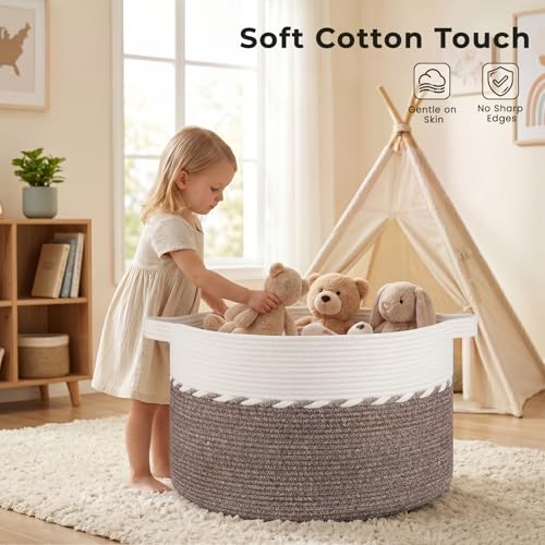 OIAHOMY 90L Blanket Basket for Living Room, Large Basket 23" x 23" x 13" with Handle, Laundry Hamper for Blankets, Pillows, Toy Storage for Kids, Dogs - Brown & White - color: Brown & White, size: 23" x 23" x 13"