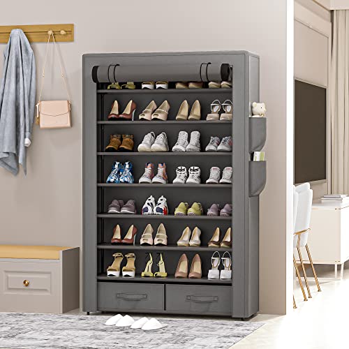 OYREL Shoe Rack Storage Cabinet 32 Pairs Organizer Shelf Tall for Shoes Large Free Standing Racks Vertical Shoe Holder Stand with Cover Two Boxes Closet - size: 8Tier with 2bins Grey