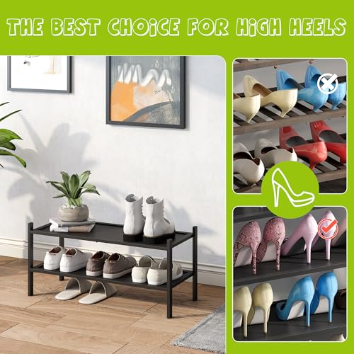 BMOSU 2-Tier Bamboo Shoe Rack Premium Stackable Shoe Shelf Storage Organizer for Hallway Closet Living Room Entryway Organizer(Black) - color: Black, size: 2-Tier（27*11*12.6inches）