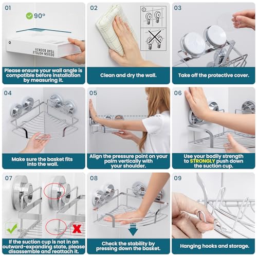TAILI 2 Pack Powerful Suction Cup Corner Shower Caddy, Stainless Steel Rustproof Shower Shelf with Hook, Drill-Free Wall Mounted Basket, Large Capacity Removable Suction Cup Bathroom Organizer, Silver - style: Corner Caddy, Silver