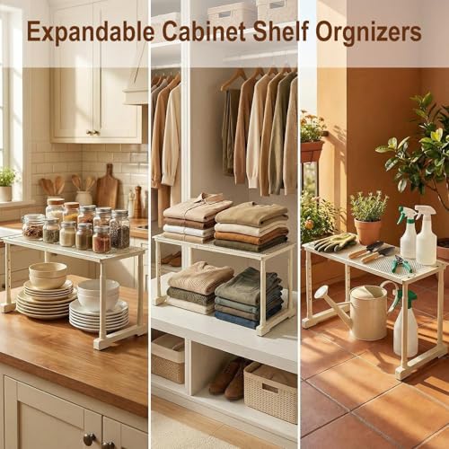 Expandable Cabinet Shelf Orgnizers, Stackable Kitchen Counter Shelves, Adjustable Height Pantry Cupboard Shelf, for Bathroom, Wardrobe, Under Sink Countertop (2)