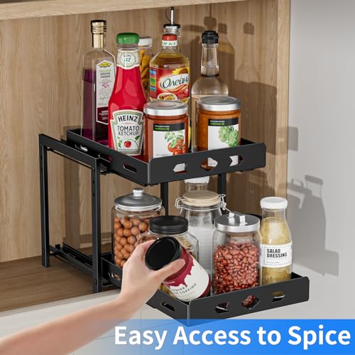 BOIVSHI Pull Out Spice Racks for Inside Cabinets, 2-Tier Cabinet Spice Rack, Height Adjustable Spice Rack Organizer for Cabinet, Kitchen Vertical Spice Rack (9.7''Wx10.8''Dx9.2''H, Metal Black) - size: 9.7''Wx10.8''Dx9.2''H,2 Tier