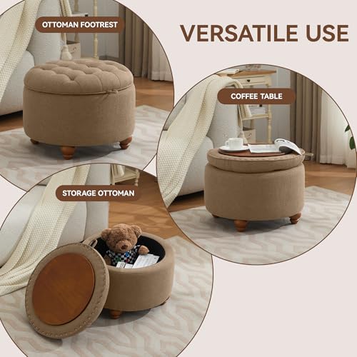 WUTUTUEE 24Inch Round Storage Ottoman with Tray, Modern Tufted Fabric Circle Coffee Table with Storage, Upholstered Ottoman with Removable Top for Living Room, Bedroom, Brown - color: Brown, size: 24 Inch