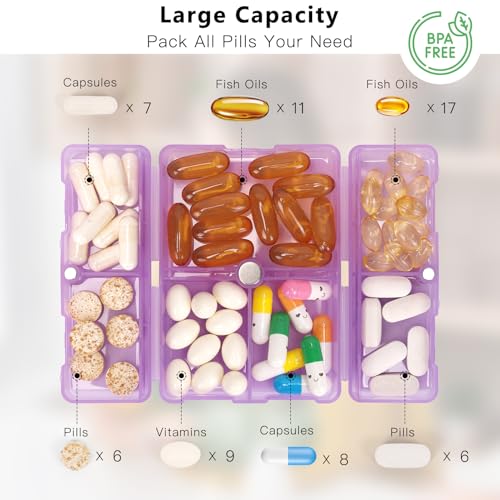 FYY Daily Pill Organizer, 7 Compartments Portable Pill Case Travel Pill Organizer,[Folding Design] Pill Box for Purse Pocket to Hold Vitamins,Cod Liver Oil,Supplements and Medication-Clear Purple - color: Clear Purple, size: Small (1 Piece)