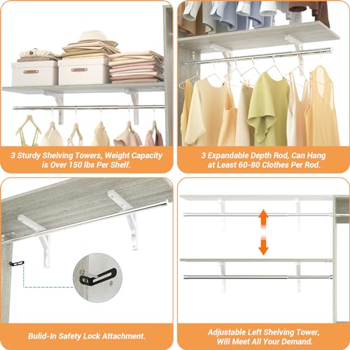 iSunirm 8FT Closet System with Shelves, 96'' Closet Organizer System with 3 Hanging Rods, Wall Mount Bedroom Wardrobe Walk-in Closet, Adjustable Cloth Garment Rack from 5 to 8FT(Cut to Fit), White Oak - color: White Oak